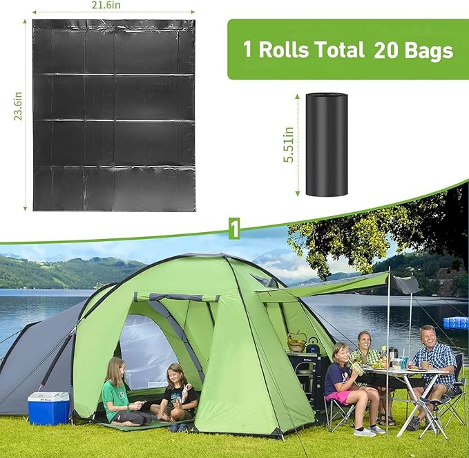 20 PCS Portable Toilet Bags for Camping - 100% Compostable & Biodegradable Toilet Replacement Bags, 8 Gallon Thickened Bucket Liner for Outdoor Boating Trip, Trash Bags Plastic Free