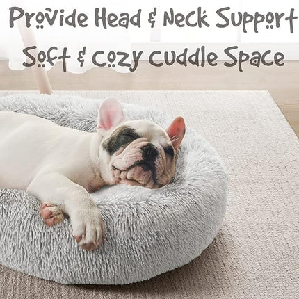 Friends Forever Donut Dog Bed Faux Fur Fluffy Calming Sofa For Small Dogs, Soft & Plush Anti Anxiety Pet Couch For Dogs, Machine Washable Coco Pet Bed with Non-Slip Bottom, 23"x23"x6" Ivory