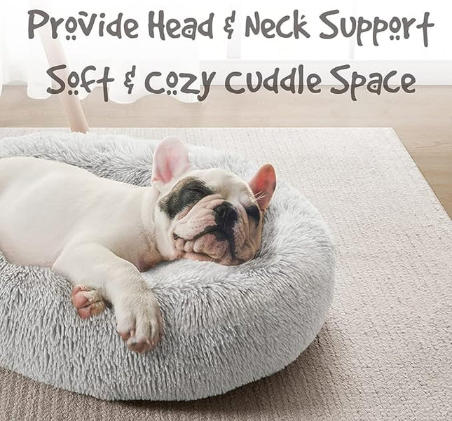 Friends Forever Donut Dog Bed Faux Fur Fluffy Calming Sofa For Small Dogs, Soft & Plush Anti Anxiety Pet Couch For Dogs, Machine Washable Coco Pet Bed with Non-Slip Bottom, 23"x23"x6" Ivory