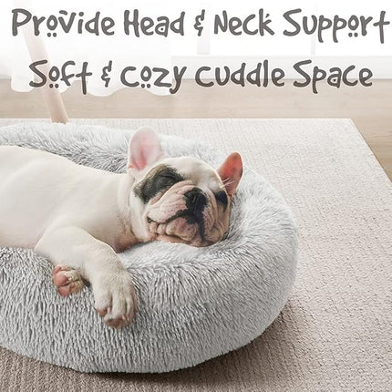 Friends Forever Donut Dog Bed Faux Fur Fluffy Calming Sofa For Small Dogs, Soft & Plush Anti Anxiety Pet Couch For Dogs, Machine Washable Coco Pet Bed with Non-Slip Bottom, 23"x23"x6" Grey