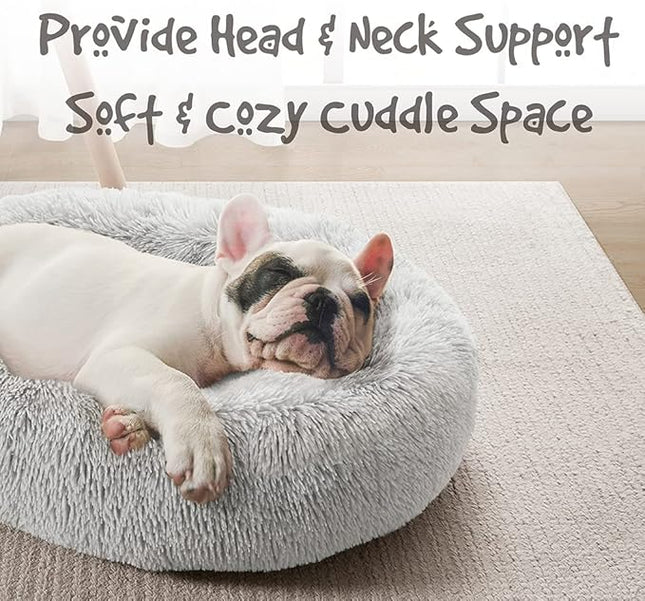 Friends Forever Donut Dog Bed Faux Fur Fluffy Calming Sofa For Small Dogs, Soft & Plush Anti Anxiety Pet Couch For Dogs, Machine Washable Coco Pet Bed with Non-Slip Bottom, 23"x23"x6" Grey