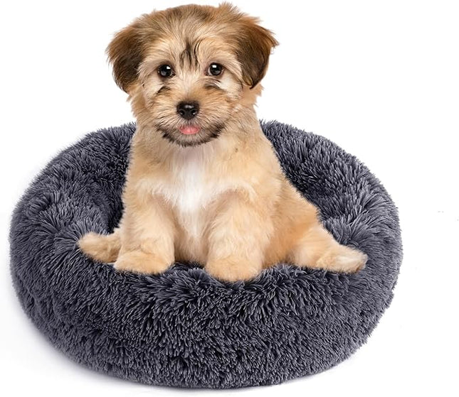 NOYAL Calming Donut Dog Bed for Small to Medium Dogs & Cats - Plush Faux Fur Anti-Anxiety Pet Bed with Machine Washable Cover & Non-Slip Base
