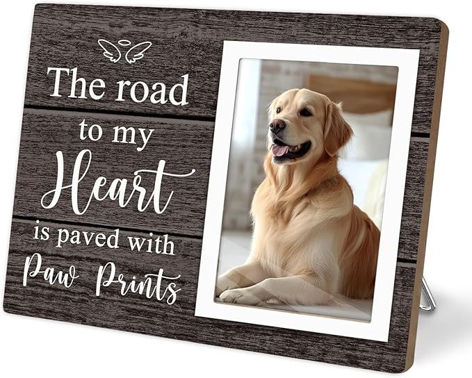 Pet Picture Frame, Pet Wooden Photo Frames Gift, Gifts for Dog Dad Mom, Dog Lovers Gift, Picture Frame for Dogs Cat Pets that Passed, The Road To My Heart Is Paved With Paw Prints, 4x6Inch Photo