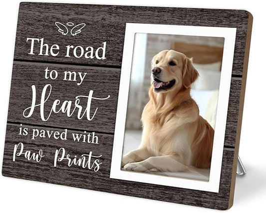 Pet Picture Frame, Pet Wooden Photo Frames Gift, Gifts for Dog Dad Mom, Dog Lovers Gift, Picture Frame for Dogs Cat Pets that Passed, The Road To My Heart Is Paved With Paw Prints, 4x6Inch Photo