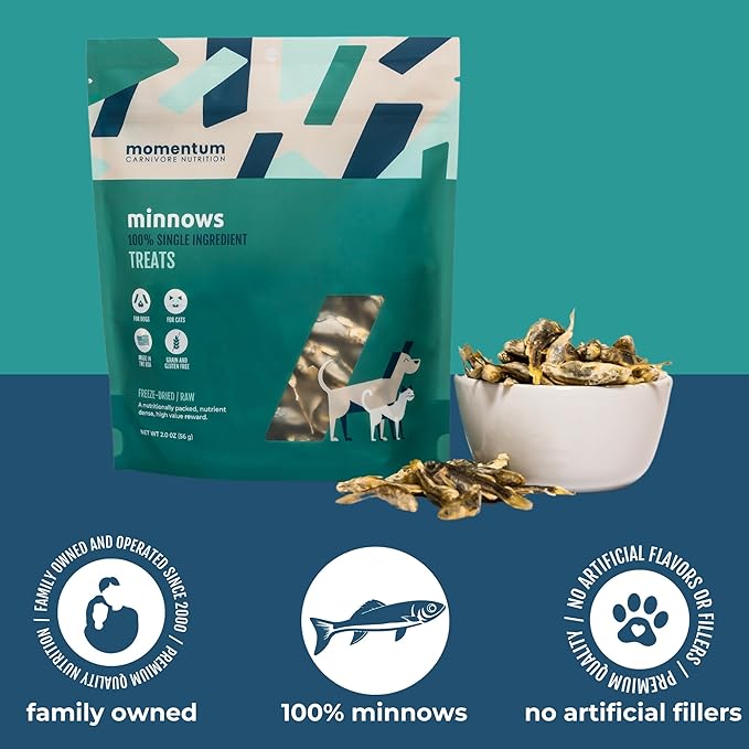 Momentum Carnivore Nutrition Freeze-Dried Minnows Dog Treats – Single-Ingredient, Dog & Cat Treats – High-Protein, Grain-Free– 2 oz Bag