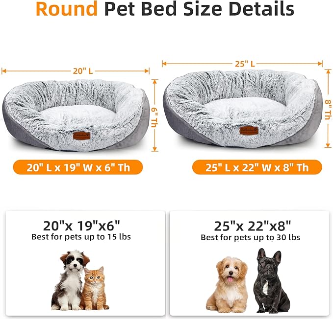 Dog Beds for Medium & Small Dogs - Round Cat Beds for Indoor Cats, Washable Pet Bed for Puppy and Kitten with Slip-Resistant Bottom (Light Grey, 25" L x 22" W x 8" Th)