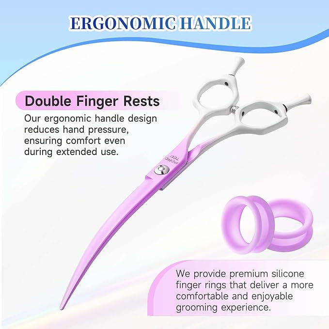 Curved Dog Grooming Scissors Violet to White Gradient 440C Stainless Steel Sharp Durable Dog Shears for Professional or Home Use Ergonomic Handle with 2 Silicone Finger Rings