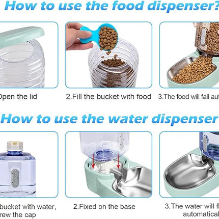 Automatic Cat Feeder and Water Dispenser with Stainless Steel Bowl Gravity Food Feeder and Waterer Set for Small Medium Dog Puppy Kitten 1 Gallon x 2(Green)