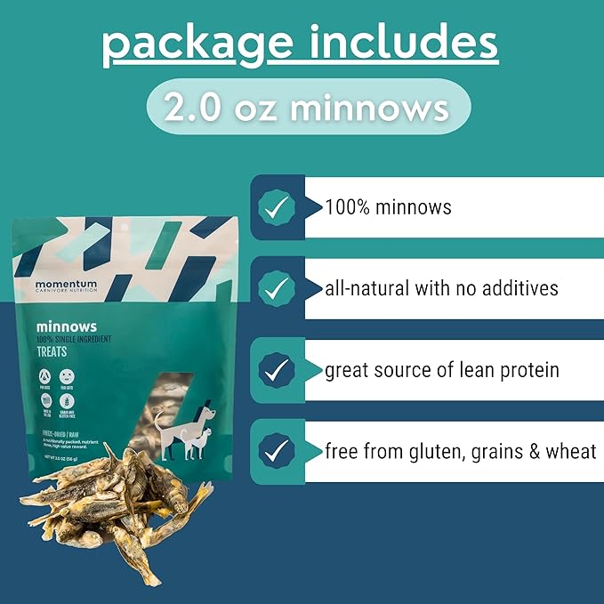 Momentum Carnivore Nutrition Freeze-Dried Minnows Dog Treats – Single-Ingredient, Dog & Cat Treats – High-Protein, Grain-Free– 2 oz Bag