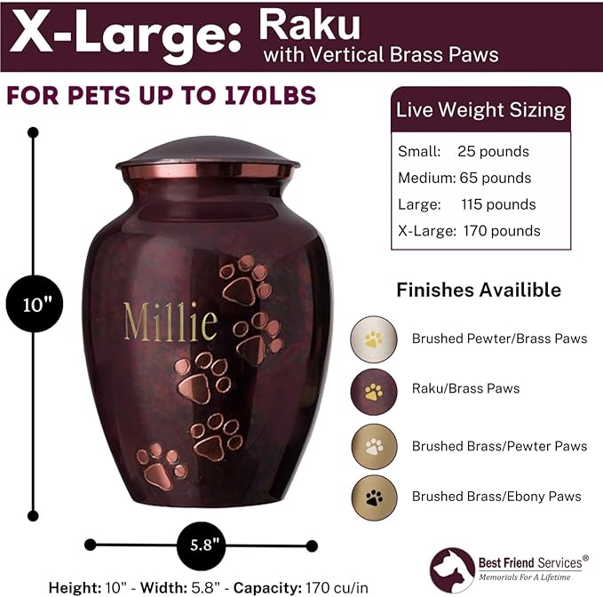 Ottillie Paws Elite Series Personalized Pet Urn for Dogs and Cats - Pet Memorial Urns with Custom Engraving (Raku, Vertical, Brass, X-Large)