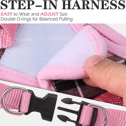 EXPAWLORER Classic Plaid Puppy Harness - Small Dog Harness and Leash Set - Dog Collar and Leash Set with AirTag Holder, Soft Padded Step in Dog Vest Harness No Pull Reflective for Outdoor, Pink XXS