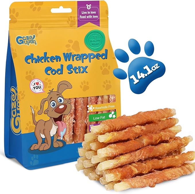 Gazeupon Rawhide Free Dog Treats, Chicken Wrapped Cod Sticks, Healthy Training Treats, Soft Chewy Snacks for Small Dogs w/Glucosamine Chondroitin, Low Fat