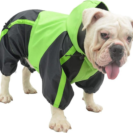 Lovelonglong American Bully Pitbull Dog Hooded Raincoat, Bulldog Rain Jacket Poncho Waterproof Clothes with Hood Breathable 4 Feet Four Legs Rain Coats for Pugs English French Bulldog Green B-S