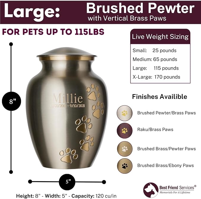 Ottillie Paws Elite Series Personalized Pet Urn for Dogs and Cats - Pet Memorial Urns with Custom Engraving (Pewter, Vertical, Brass, Large)