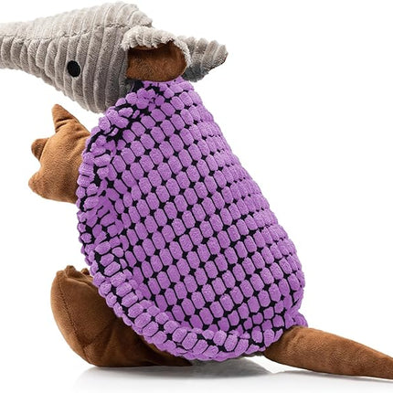 Hollypet Plush Dog Squeaky Toy Stuffed Armadillo Animal Pet Puppy Chew Toys with Clean Teeth for Small Medium Large All Breed Sizes Dogs, Purple, 10 in