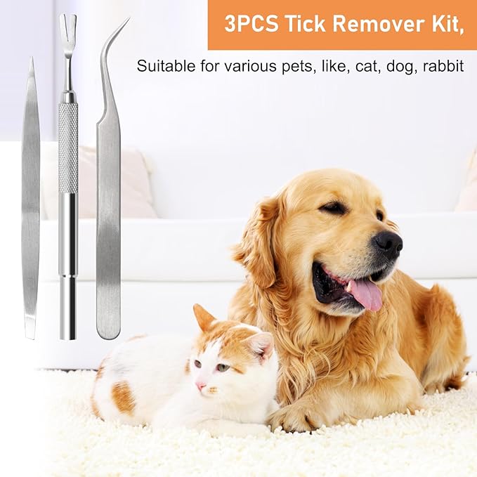 3 in 1 Tick Remover Kit, Stainless Steel Tick Remover Tweezers Tools Set for Pet Dog, Cat, with Storage Box (Silver)
