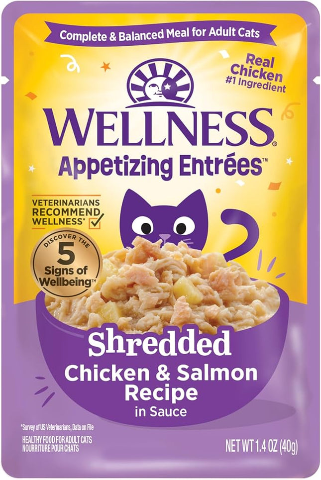 Wellness Appetizing Entrées Shredded Adult Wet Cat Food, Natural, Protein-Rich, Grain Free, 1.4 Ounce Pouch, 8 Pack (Chicken & Salmon Recipe)