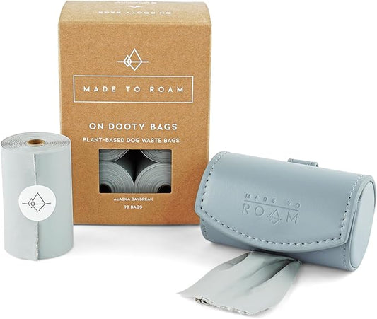 MADE TO ROAM On Dooty Set - Premium Dog Poop Bag Holder for Leash, Vegan Leather (Includes 1 Box Dog Waste Bags Rolls, 90 Bags Total) - California Horizon