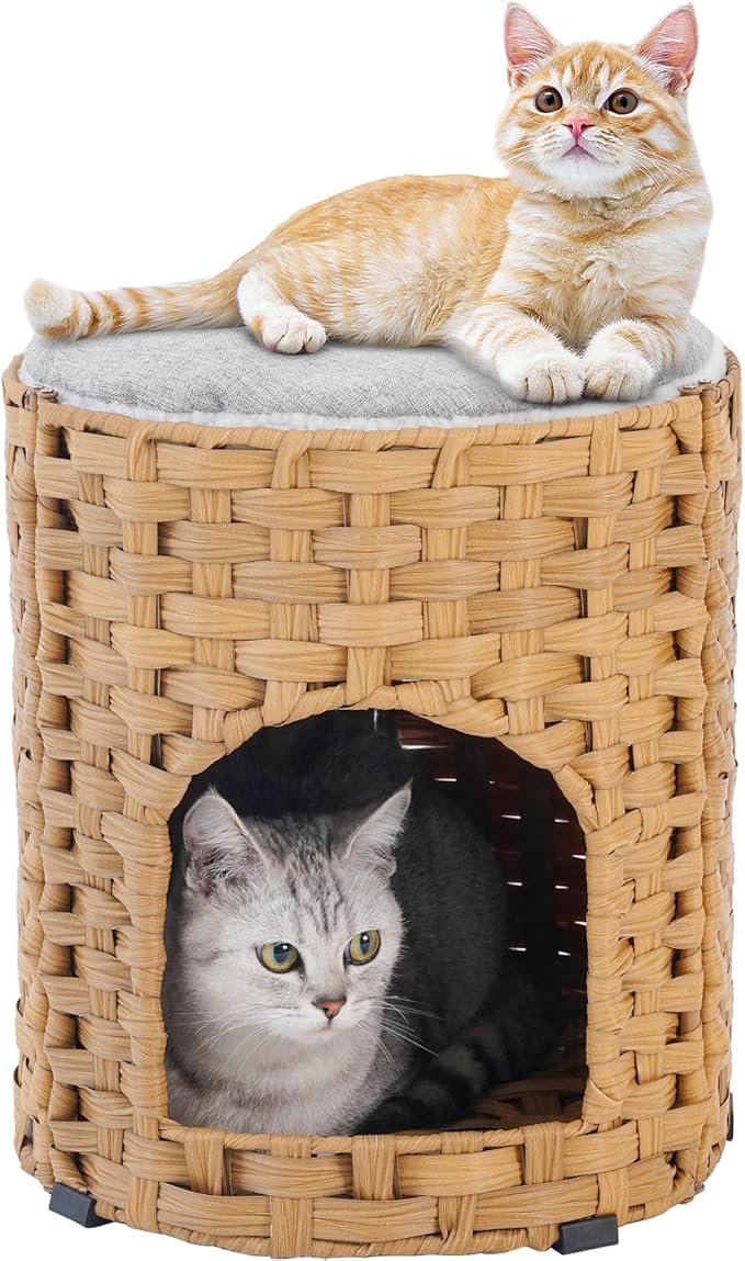 Cat House for Indoor Cat, Small Cat Houses Handwoven PE Rattan Kitten Cave, Pet Kitten Bed Covered, One Bed Pad, 13 x 13 x 13.7 Inches, Foldable Hideaway in Living Room Natural