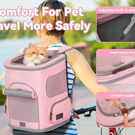 PETSFIT Pet Carrier Backpack with Upgraded Waist Protection, Cat Carrier Backpack Designed for Small Dogs/Cats, Fully Ventilated Collapsible Dog Backpack for Outdoor Traveling Hiking Camping, Pink
