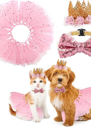 BINGPET Dog Tutu Skirt with Birthday Hat & Bowtie,Dog Wedding Dresses Birthday Outfit Girl Party Supplies,Sweet Gift for Small to Medium Pets Cats