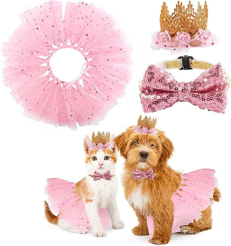 BINGPET Dog Tutu Skirt with Birthday Hat & Bowtie,Dog Wedding Dresses Birthday Outfit Girl Party Supplies,Sweet Gift for Small to Medium Pets Cats