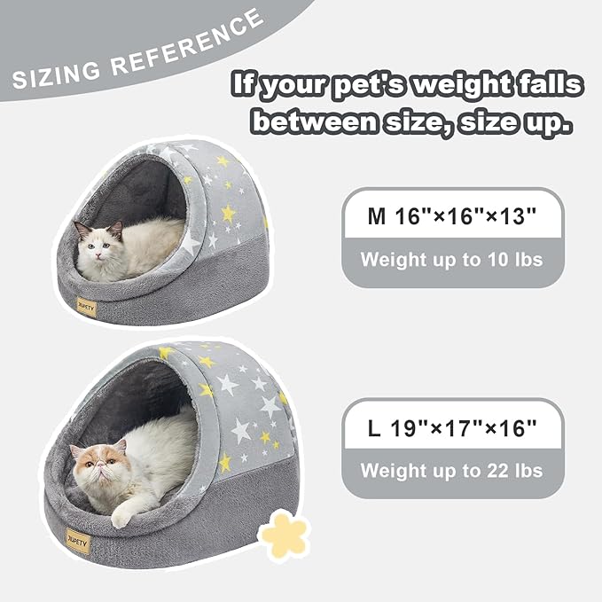 Jiupety Cute Cat Beds for Indoor Cats, Cat Cave Bed for Kittens, Burrowing Cat Bed & Puppy Bed with Anti-Slip Bottom, Washable Removable Cushion, L(19"x17"x16"), Gray Star
