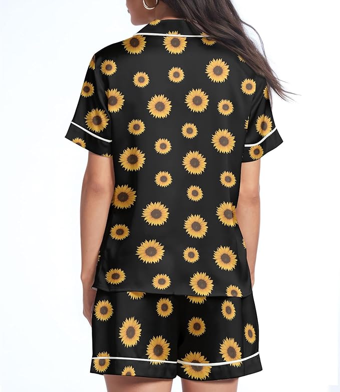 Women’s Silk Satin Pajama Set, Short Sleeve Button Down 2 Piece PJs with Shorts, Cozy Loungewear & Matching Holiday Pajamas