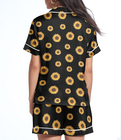 Women’s Silk Satin Pajama Set, Short Sleeve Button Down 2 Piece PJs with Shorts, Cozy Loungewear & Matching Holiday Pajamas