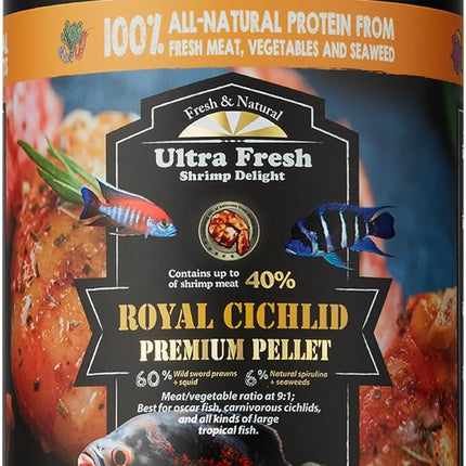 Royal Cichlid Premium Sinking Fish Food, Wild Sword Prawns, All Natural Ingredients, Carnivore Pellets for Large Tropical Fish, 16 oz