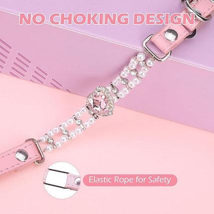 EXPAWLORER Cat Collar Leather with Bell and Safety Elastic Belt,Personalized Rhinestones Bling Adjustable Collars for Cats Kitty and Small Dogs,Pearl cat Collar Pink (Pearl)