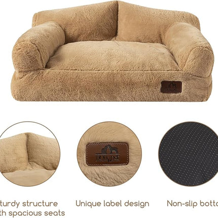Hollypet Fluffy Plush Pet Dog Cat Couch Soft Calming Pet Sofa Bed for Medium Small Cats and Dogs, Light Brown