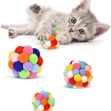 TUSATIY Cat Toy Balls with Bell 3PCS, Colorful Soft Fuzzy Balls Built-in Bell for Cats, Interactive Playing Chewing Toys for Indoor Cats and Kittens