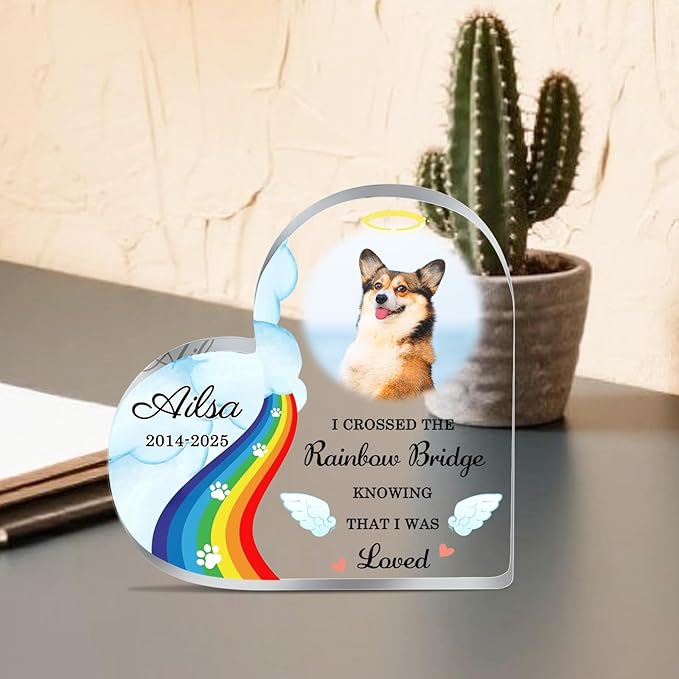 Custom Pet Memorial Plaque Gifts Rainbow Bridge Dog Memorial Gifts Personalized Pet Heart Shape Acrylic Plaque Pets Loss Sympathy Gift Dog Passed Away Gifts Cat Sympathy Bereavement Remembrance Gift