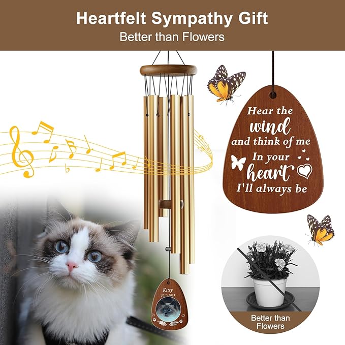 Personalized Pet Memorial Wind Chimes - Memorial Gift for Loss of Cat Custom Sympathy Gifts for Cat,Pet Remembrance Gift Wind Chimes for Outdoor by Bemaystar (Golden)