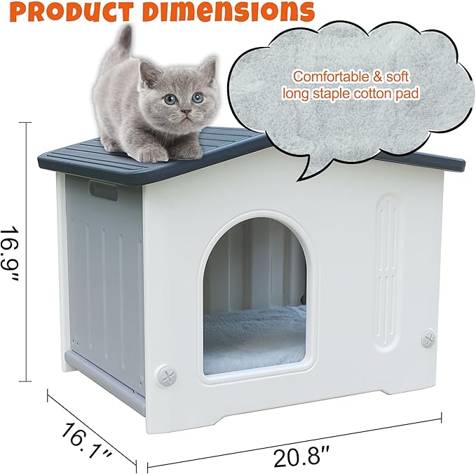 Waterproof Outdoor Cat House with Escape Door, Plastic Cat House for Feral Cats Outdoor Cat House with Mat, Sturdy Cat House for Outdoor Cats, Assemble Easily-Grey