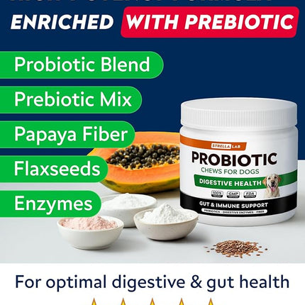STRELLALAB Dog Probiotics for Digestive Health & Enzymes - Diarrhea, Gas, Upset Stomach Relief & Season Allergy - Pet Probiotics for Dogs- Chews for Digestion - Gut Health for Dogs (60Ct)