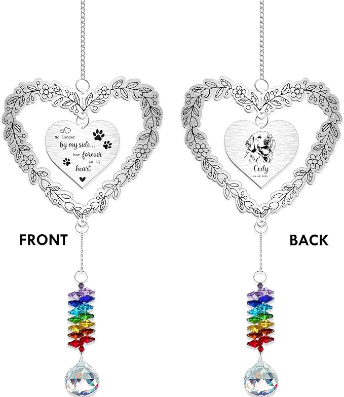 Personalized Dog Memorial Aluminum Suncatcher Ornament – No Longer by My Side But Forever in My Heart – Custom Pet Portrait Remembrance Gift for Dog Loss, Pet Memorial Decor