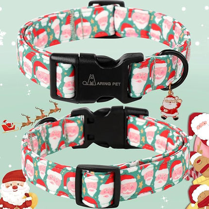 ARING PET Christmas Dog Collar-Cute Green Santa Claus Dog Collars, Adjustable Christmas Pet Collars Puppy Collar with Quick Release Buckle for Girl&Boy Dogs