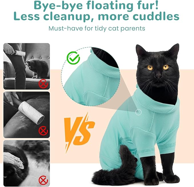 Sticky Hair Cat Clothes, Breathable & Lightweight, Reduces Shedding Fur Pajamas, Full Body Long Sleeve Surgical Bodysuit, Stop Licking & Shedding,Blue,XL