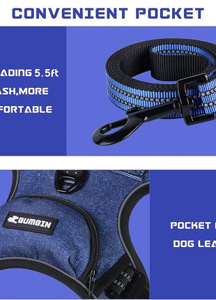 BUMBIN Dog Harness for Large Dogs, No Pull Adjustable No Choke Pet Vest with Dog Leash Fit Smart Reflective Pet Walking Harness for Training Easy Control Soft Handle Denim Blue M