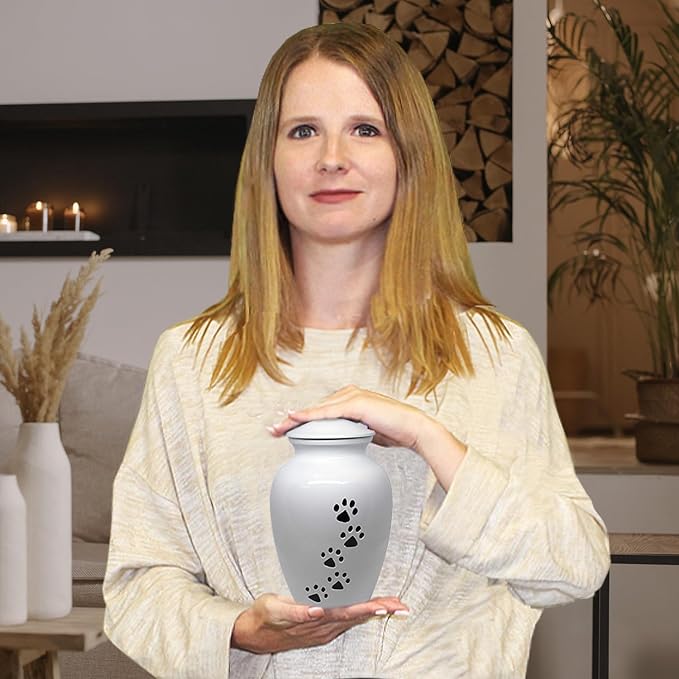 Trupoint Memorials Small Pet Urn for Dogs and Cats Ashes, Paws Print White Cremation Urns for Pets up to 17 lbs