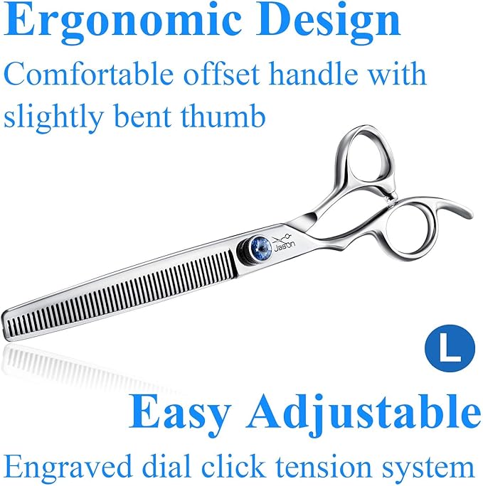 JASON Left Handed 7" 50 Teeth Blending Dog Grooming Scissor, Ergonomic Cats Grooming Thinning Shears Pets Trimming Kit with Offset Handle and a Jewelled Screw, Sharp, Comfortable Blender