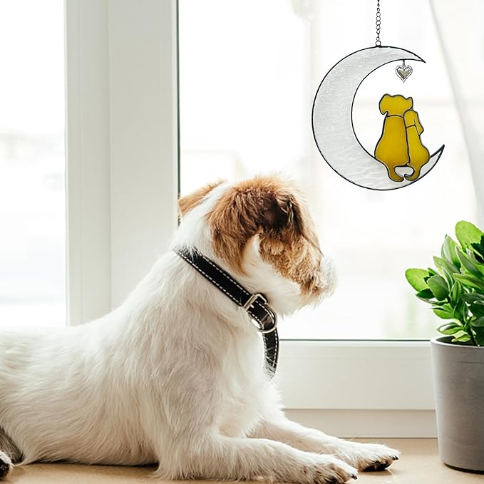 Stained Glass Dog Suncatcher, Window Hangings for Loss of Dog, Pet Memorial Gifts, Double Yellow Dogs on The Moon