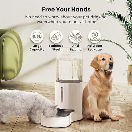CZPET 2.5 Gallon Dog Water Bowl Dispenser, Automatic Dog and Cat Water Dispenser with Stainless Steel Bowl, Gravity Waterer, Large Capacity, and Quiet Drinking Area for Pets (9.5L,White)
