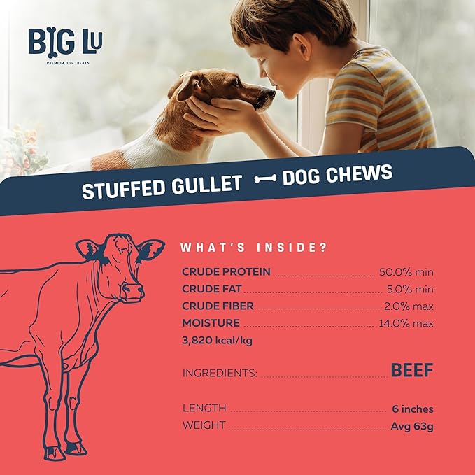 Big Lu - 6-Inch Stuffed Gullet Sticks, 10 Count, Premium Beef Dog Treats, All-Natural, High-Protein, Easily Digestible Chews for Dogs, Supports Dental Health and Joint Mobility