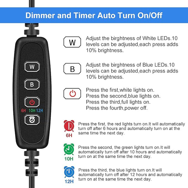 VARMHUS Submersible LED Aquarium Light,Fish Tank Light with Timer Auto On/Off Dimming Function,3 Light Modes Dimmable White-Blue,10 Brightness Levels Optional&3 Levels of timed Loop Function 11.5''