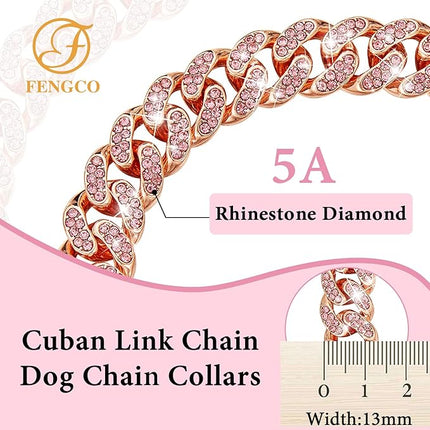 Rosegold Dog Chain Collar Diamond Cuban Link Dog Collar 13mm Wide Dog Necklace Metal Cat Chain Pet Crystal Collar Jewelry Accessories for Small Medium Large Dogs Cats(18inch)