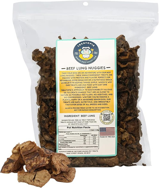 Beef Lung Nuggies Dog Treats, 1 LB Bag - All-Natural, Sustainable, Healthy, High Protein, Hand-Trimmed, Slow-Roasted, Made in The USA, Nutritious, No Additives, No Fillers