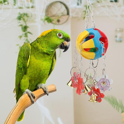 Hypeety Pet Parrot Toy Plastic Colorful Birds Ball with 1 Bell for Budgie African Grey Cockatoo Cockatiel Sun Conures 1 Ball with Plastic Flowers